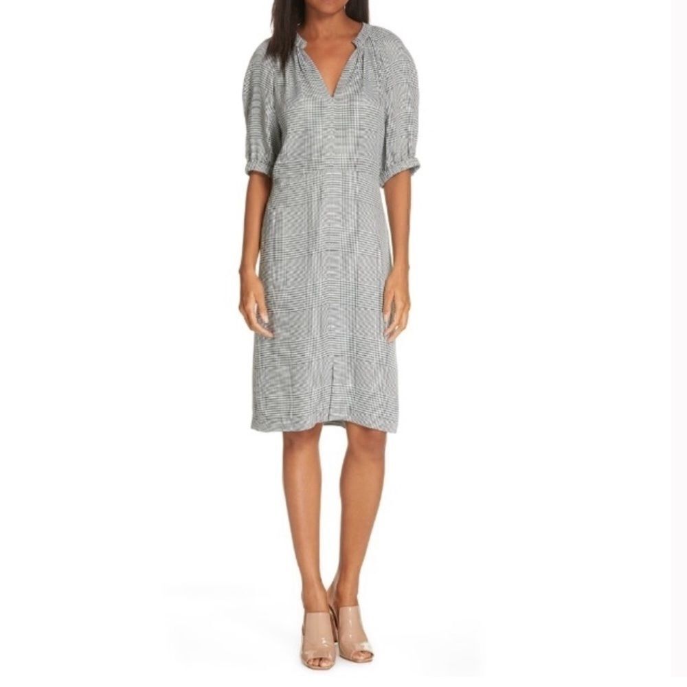 Lewit Plaid Check V Neck Print Dress Black White